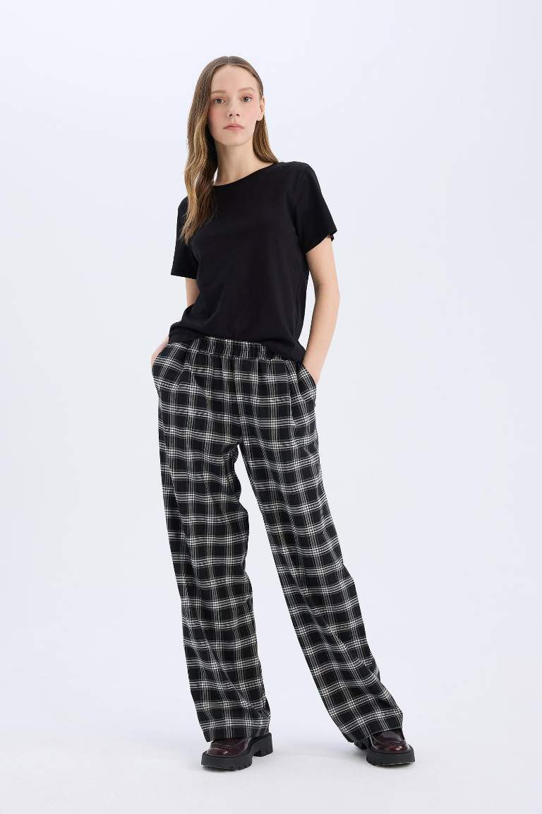Wide Leg Kumaş Pijama Pantolon Geniş Bol Paça Kareli Normal Bel Lastikli Cepli