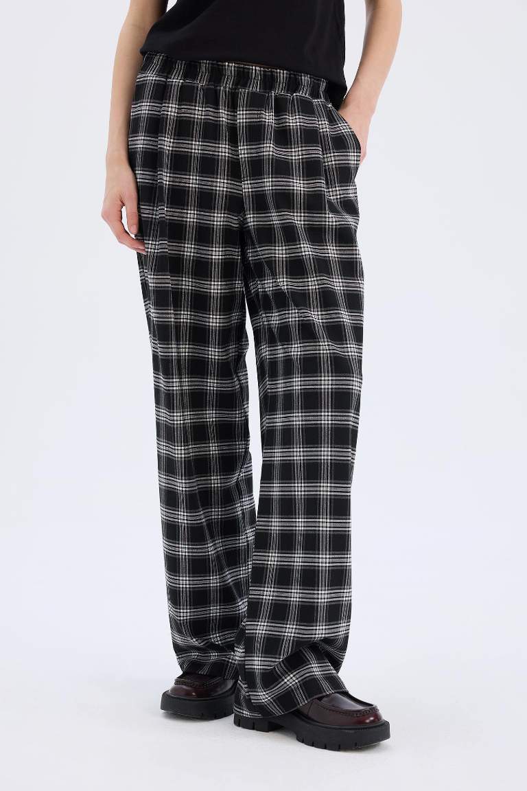 Wide Leg Kumaş Pijama Pantolon Geniş Bol Paça Kareli Normal Bel Lastikli Cepli