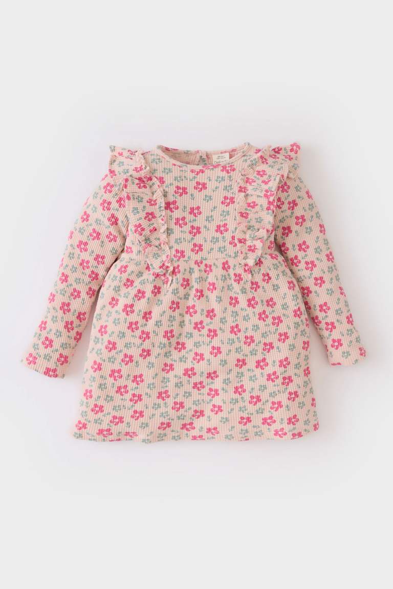 Robe en waffle fleurie à manches longues pour bébé fille