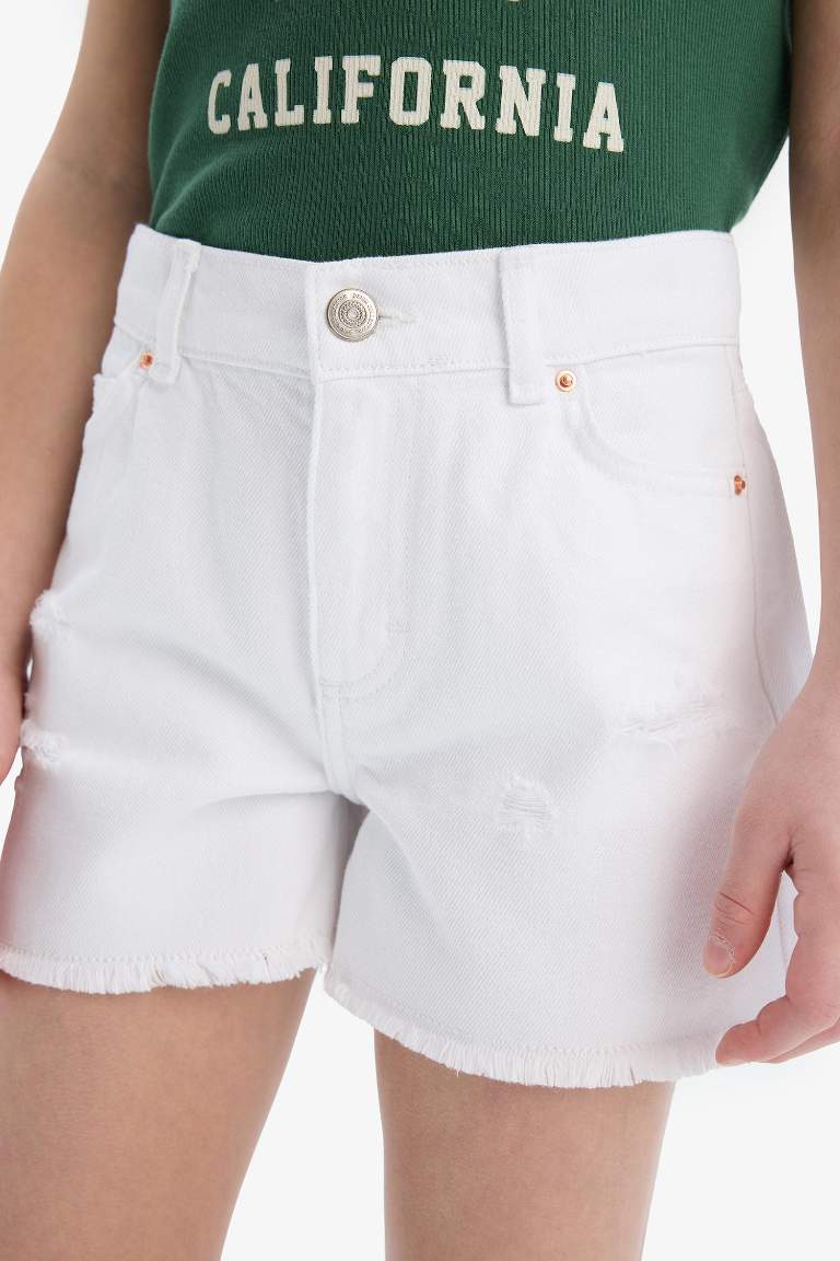 Girl Ripped Detailed Cotton Jean Shorts