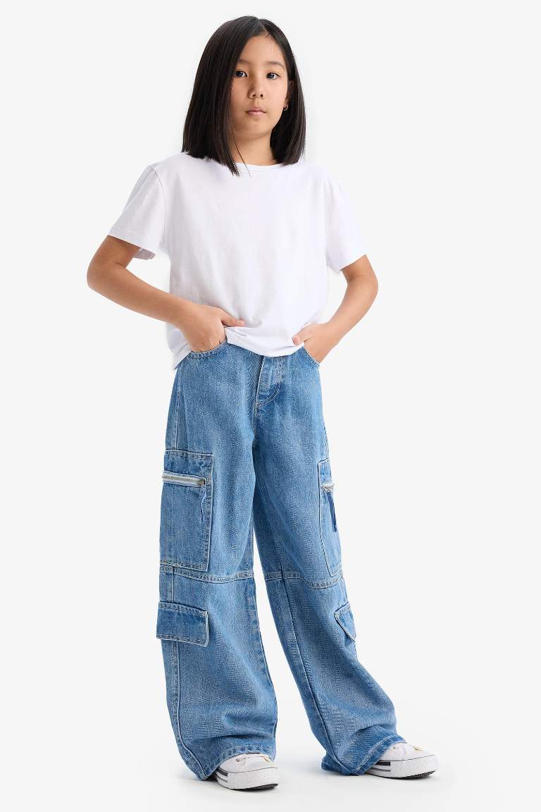 Kız Çocuk Wide Leg Kargo Geniş Bol Paça Jean Pantolon