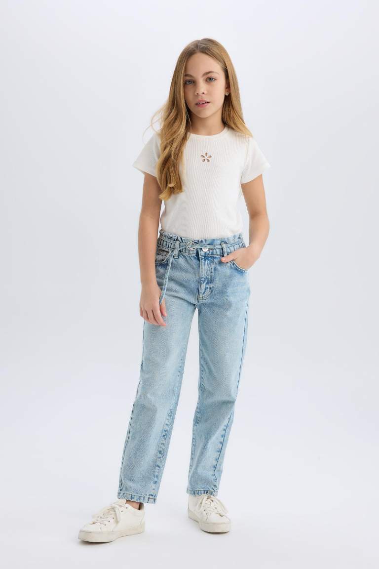 Pantalon Jean taille haute à coupe paperbag pour fille