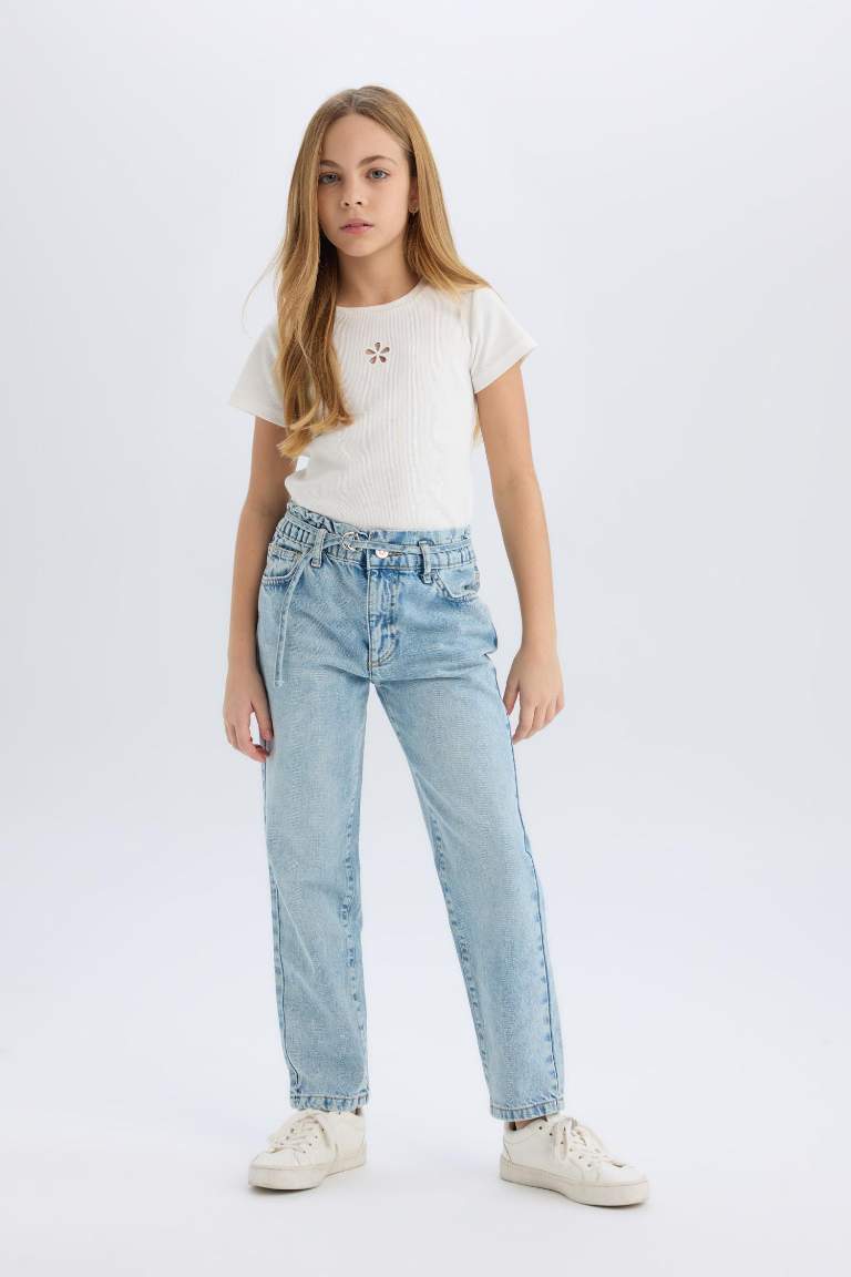 Pantalon Jean taille haute à coupe paperbag pour fille