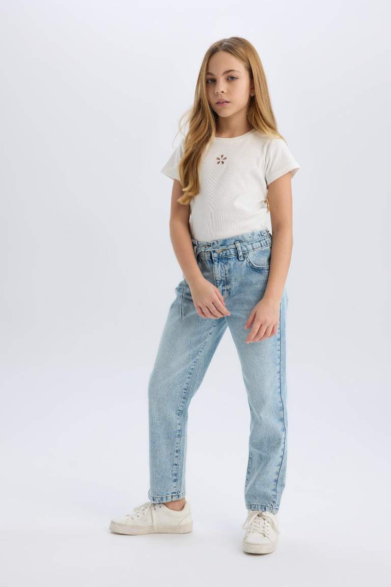 Pantalon Jean taille haute à coupe paperbag pour fille