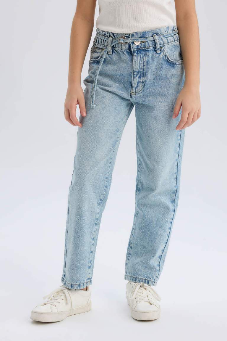 Pantalon Jean taille haute à coupe paperbag pour fille