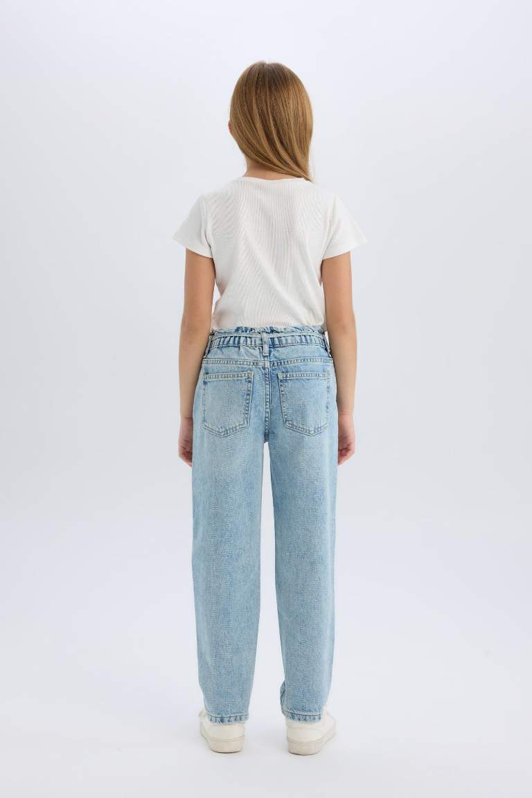 Pantalon Jean taille haute à coupe paperbag pour fille