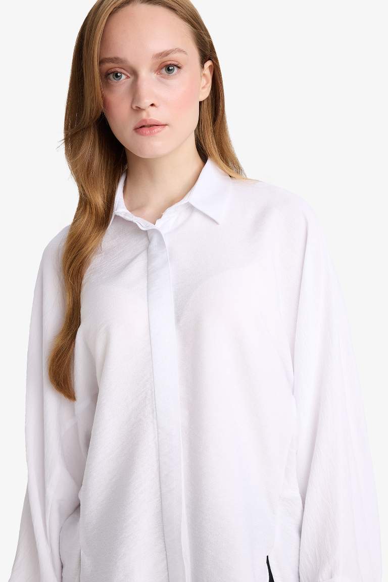 Relax Fit Basic Düz Keten Karışımlı Uzun Kollu Tesettür Gömlek Tunik