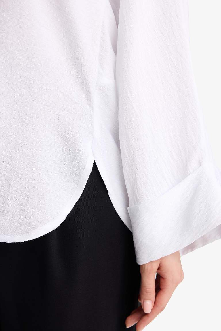 Relax Fit Basic Düz Keten Karışımlı Uzun Kollu Tesettür Gömlek Tunik