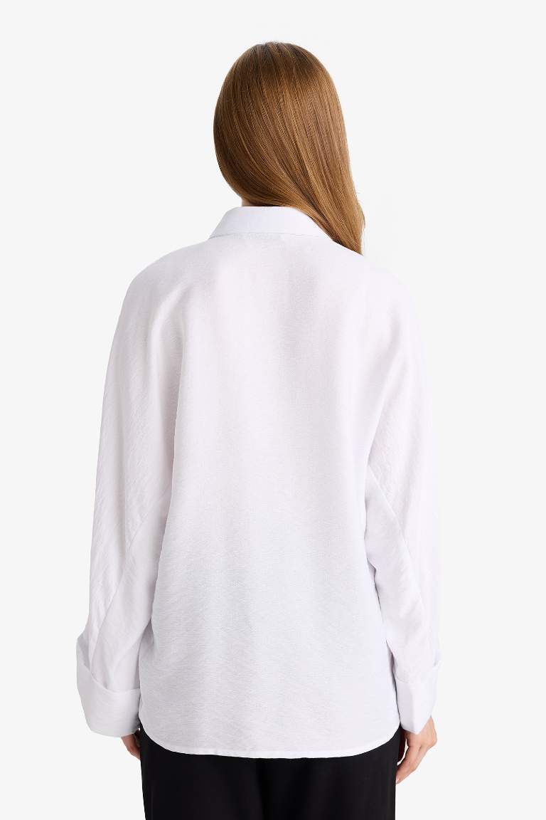 Relax Fit Basic Düz Keten Karışımlı Uzun Kollu Tesettür Gömlek Tunik