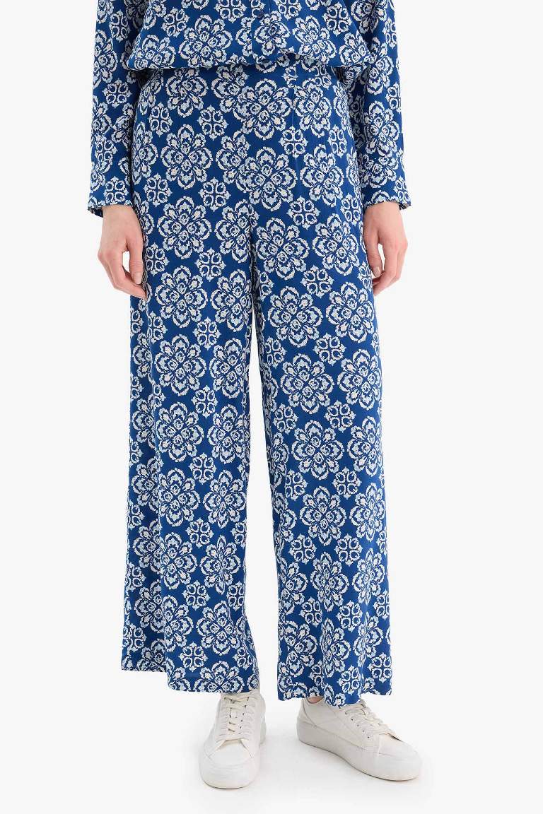 Wide Leg Geniş Bol Paça Desenli Viskon Pantolon