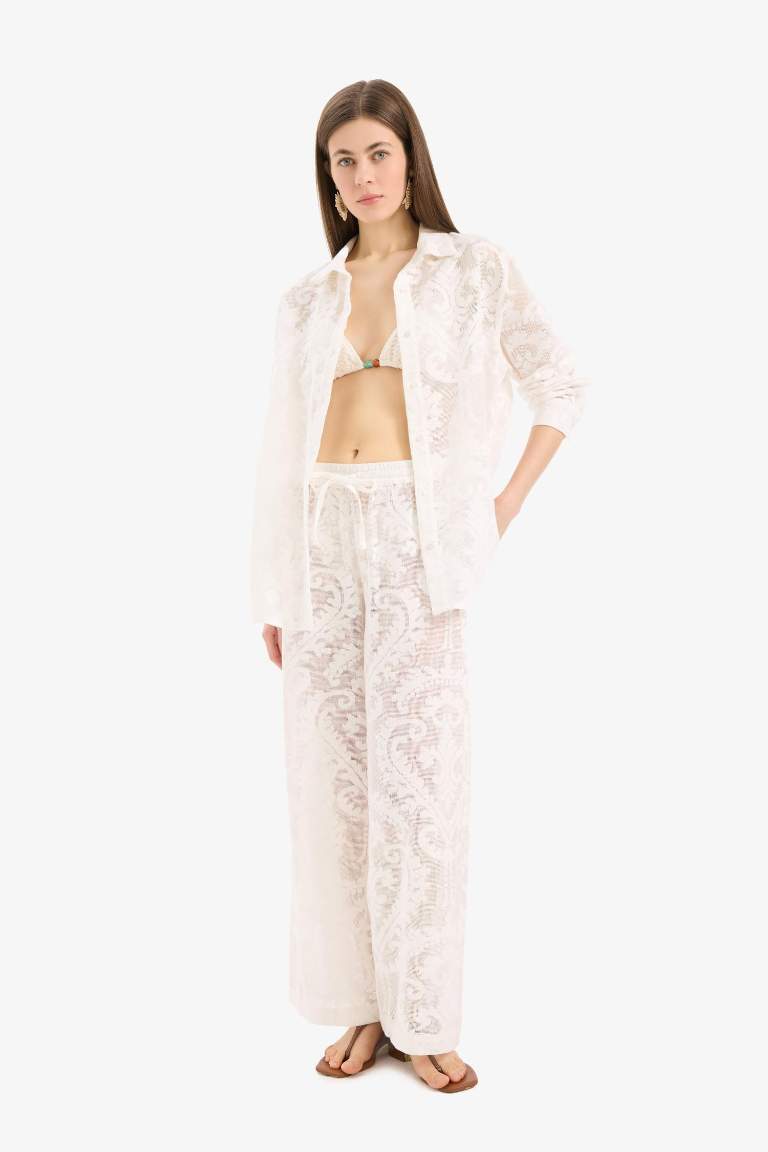 Dantelli Beli Lastikli Beyaz Plaj Pantolonu-Fall in Love