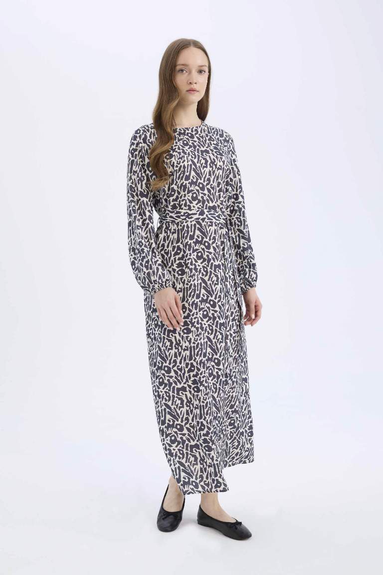 Regular Fit Crew Neck Patterned Maxi Dress