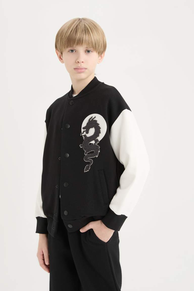 Boy Back Printed College Collar Thick Bomber Jacket