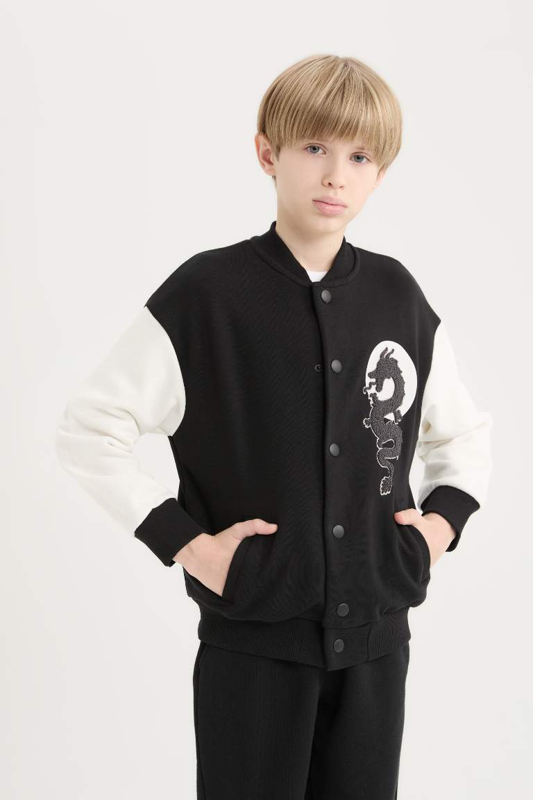 Boy Back Printed College Collar Thick Bomber Jacket