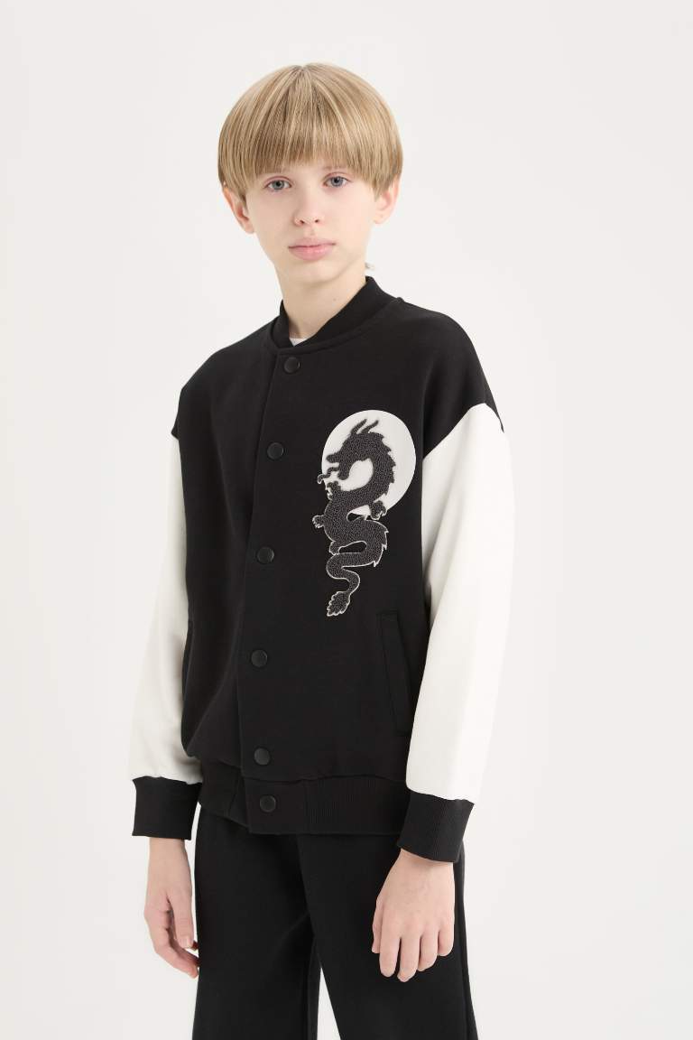 Boy Back Printed College Collar Thick Bomber Jacket