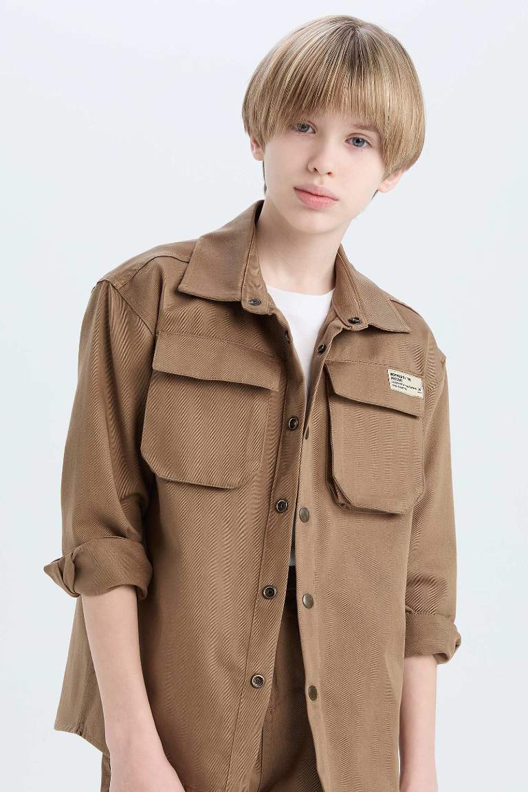 Boy Oversize Fit Polo Collar Gabardine Long Sleeve Shirt