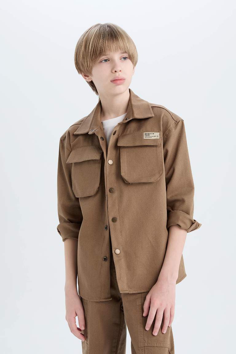 Boy Oversize Fit Polo Collar Gabardine Long Sleeve Shirt