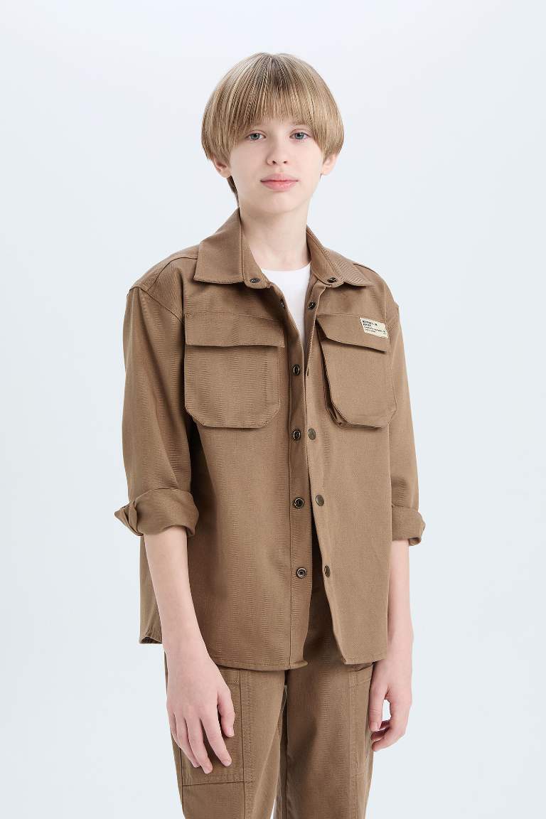 Boy Oversize Fit Polo Collar Gabardine Long Sleeve Shirt