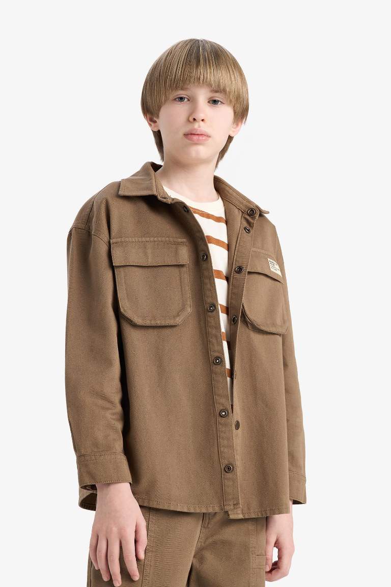 Boy Oversize Fit Polo Collar Gabardine Long Sleeve Shirt