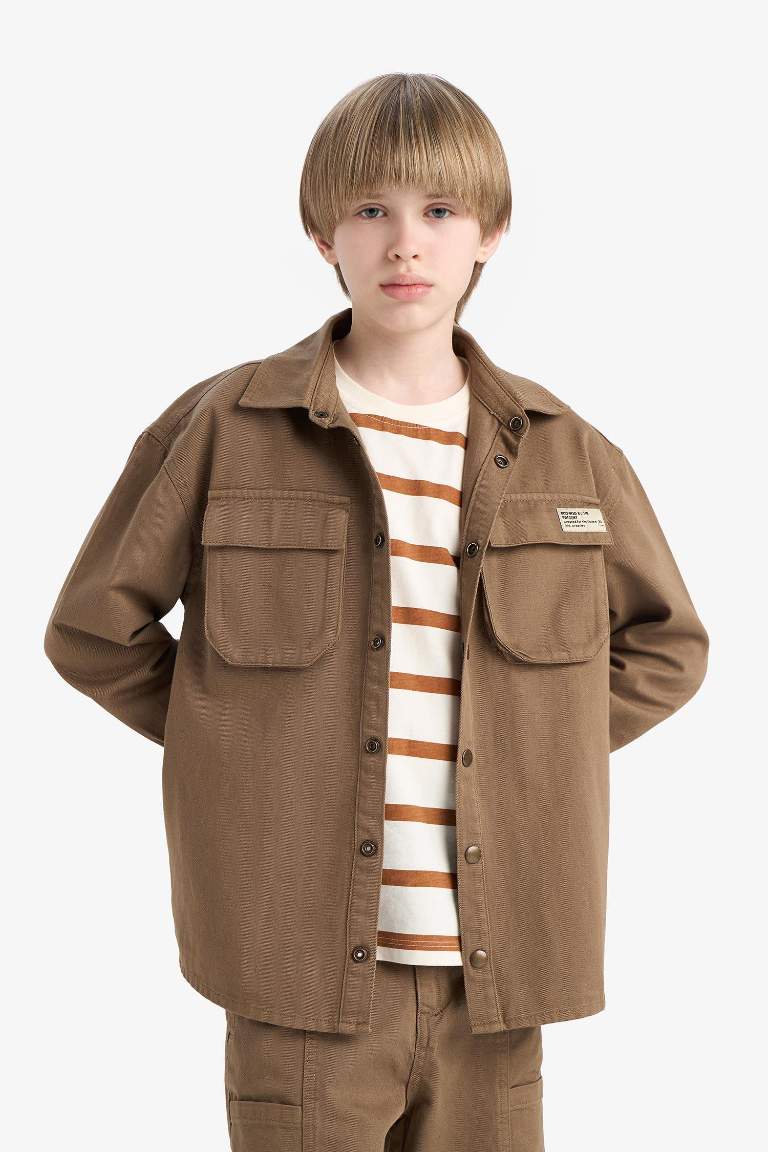 Boy Oversize Fit Polo Collar Gabardine Long Sleeve Shirt