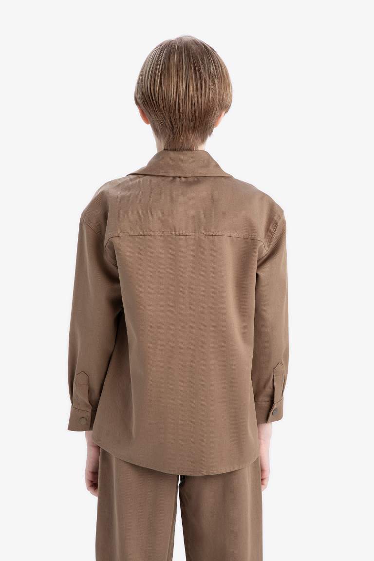 Boy Oversize Fit Polo Collar Gabardine Long Sleeve Shirt