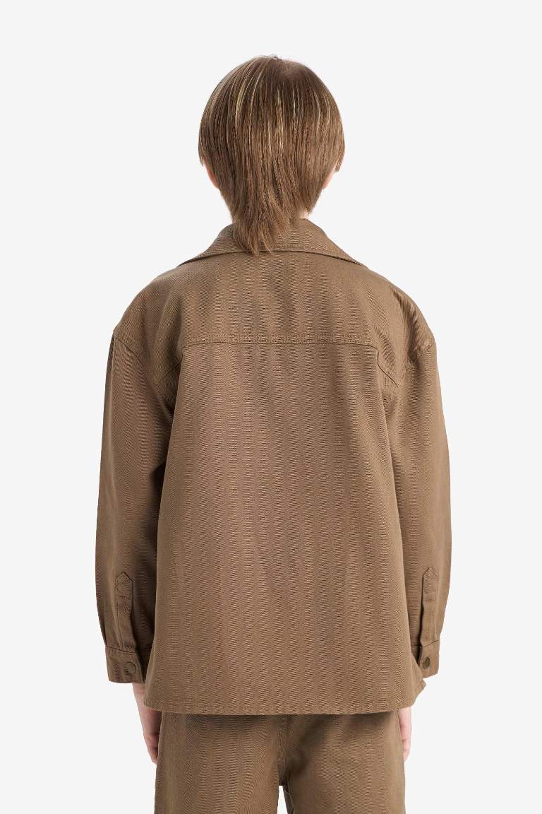 Boy Oversize Fit Polo Collar Gabardine Long Sleeve Shirt