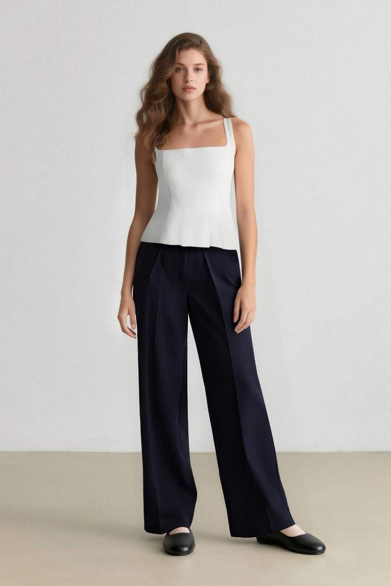 Sorbe x DeFacto Wide Leg Pantolon Geniş Bol Düz Paça Yüksek Bel Pensli Cepli