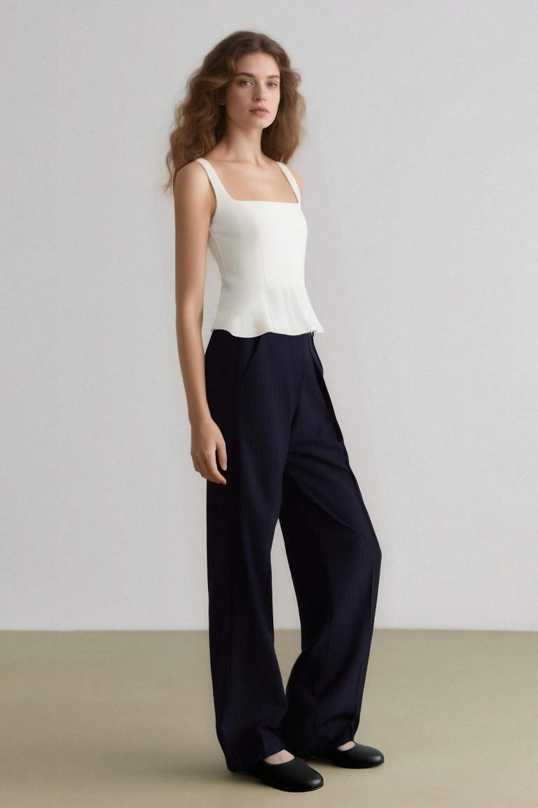 Sorbe x DeFacto Wide Leg Pantolon Geniş Bol Düz Paça Yüksek Bel Pensli Cepli
