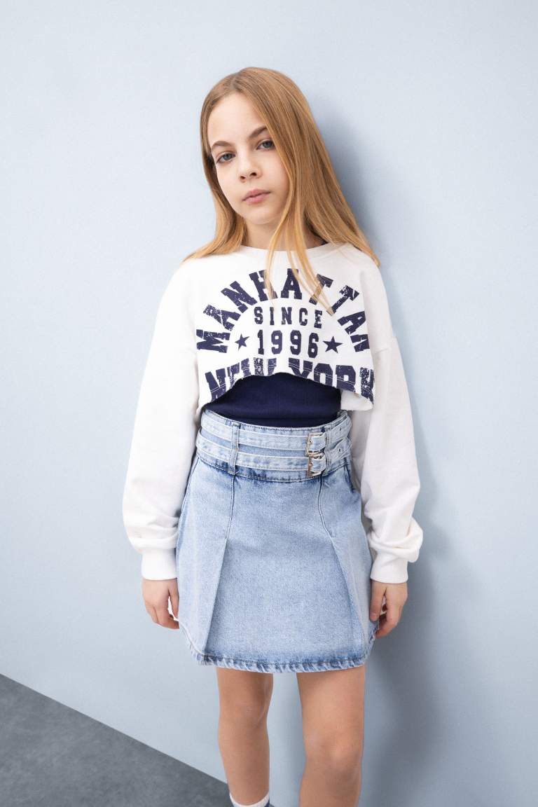 Girl Crew Neck Anime Printed Crop Sweatshirt