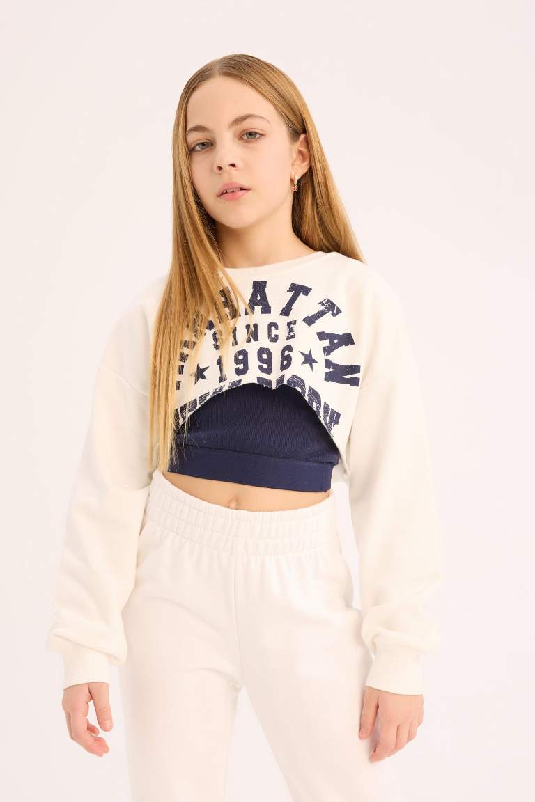 Girl Crew Neck Anime Printed Crop Sweatshirt