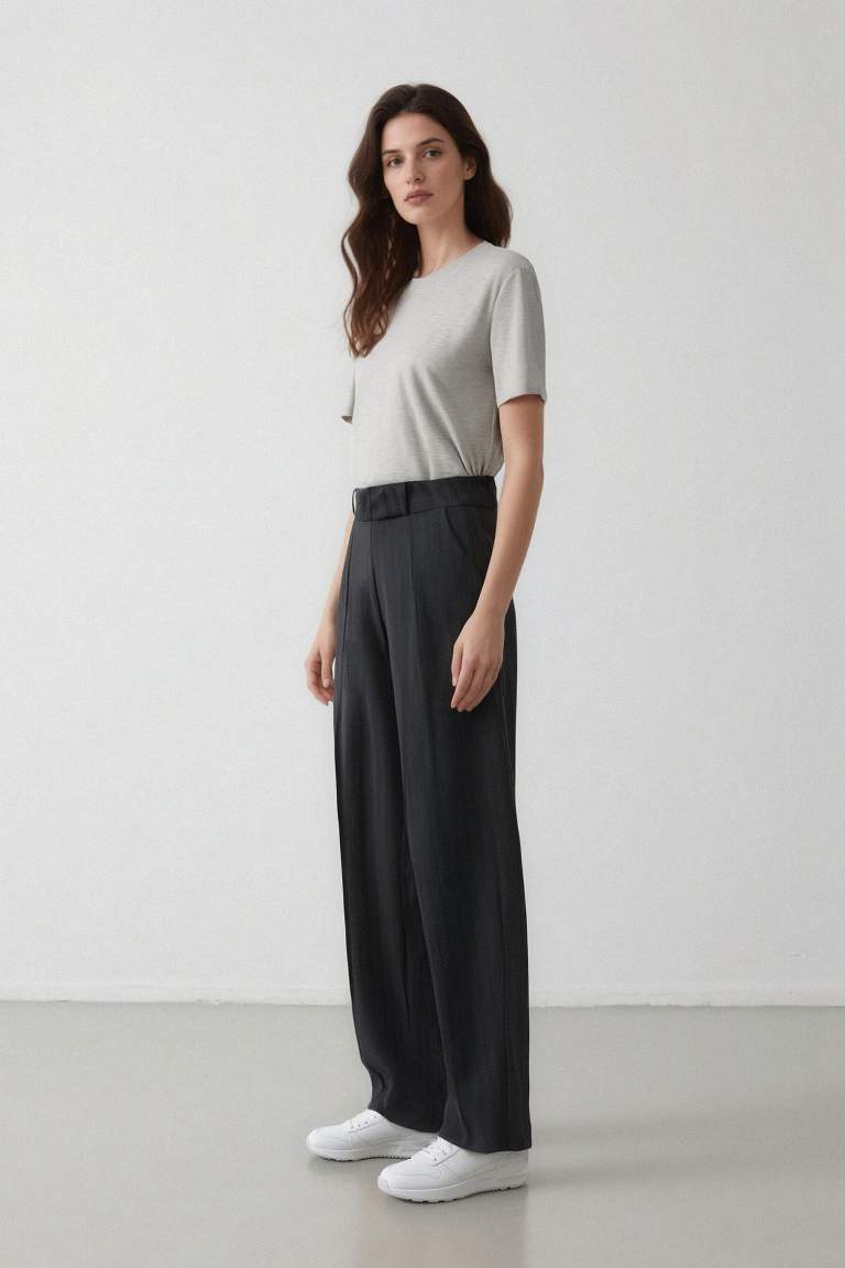 Sorbe x DeFacto Straight Fit Pantolon Yüksek Bel Çizgili Düz Paça Cepli