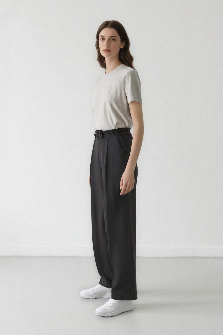 Sorbe x DeFacto Straight Fit Pantolon Yüksek Bel Çizgili Düz Paça Cepli