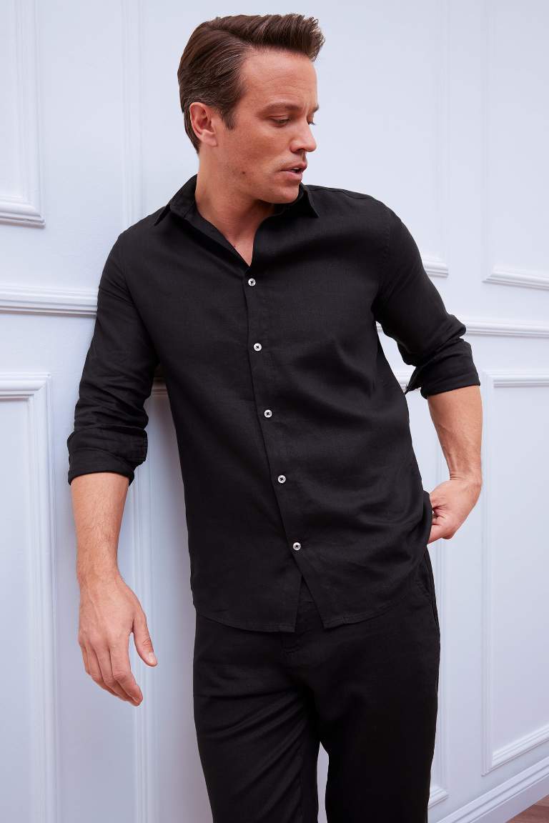 %100 Keten Regular Fit Polo Yaka Yazlık Uzun Kollu Siyah Gömlek