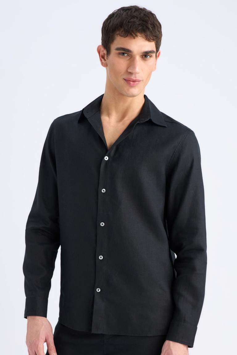 %100 Keten Regular Fit Polo Yaka Yazlık Uzun Kollu Siyah Gömlek