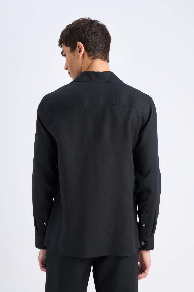%100 Keten Regular Fit Polo Yaka Yazlık Uzun Kollu Siyah Gömlek