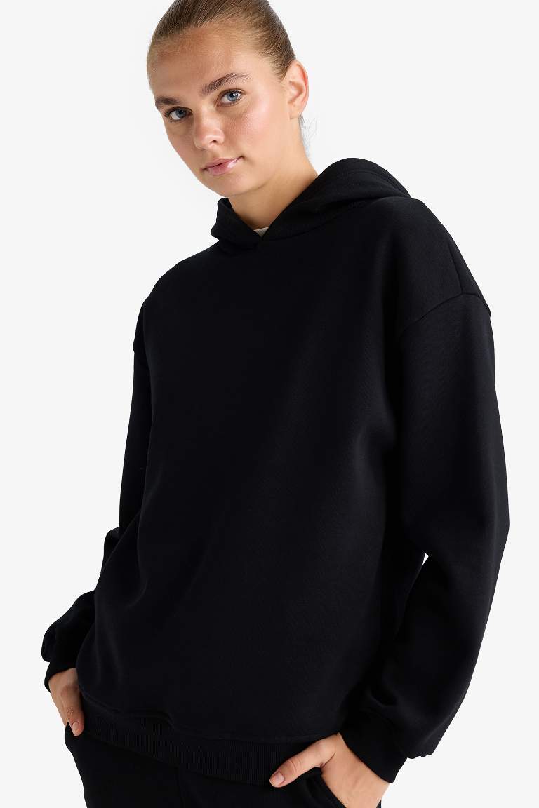 Relax Fit Kapüşonlu Basic Düz Kalın Sweatshirt