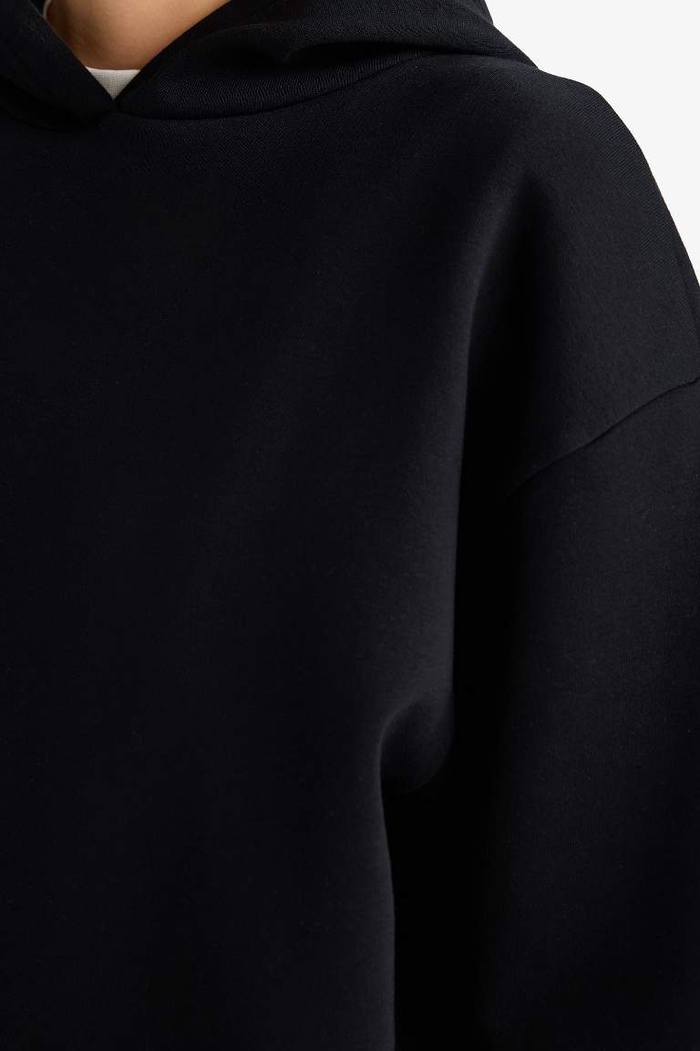 Relax Fit Kapüşonlu Basic Düz Kalın Sweatshirt