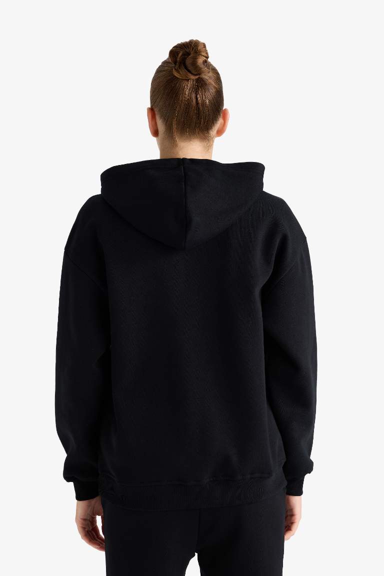 Relax Fit Kapüşonlu Basic Düz Kalın Sweatshirt