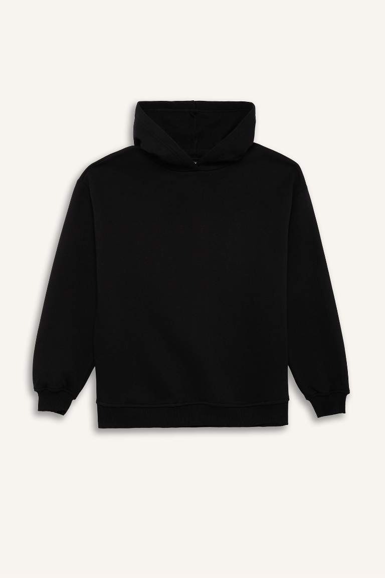 Relax Fit Kapüşonlu Basic Düz Kalın Sweatshirt