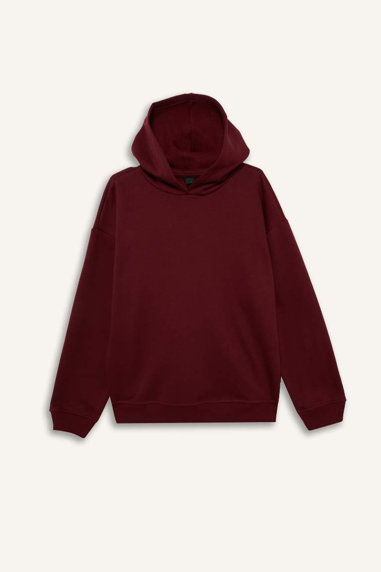 Relax Fit Kapüşonlu Basic Düz Kalın Sweatshirt