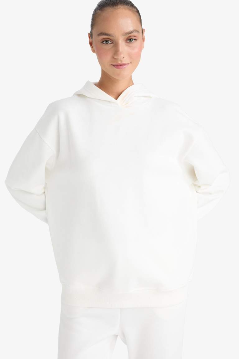 Relax Fit Kapüşonlu Basic Düz Kalın Sweatshirt