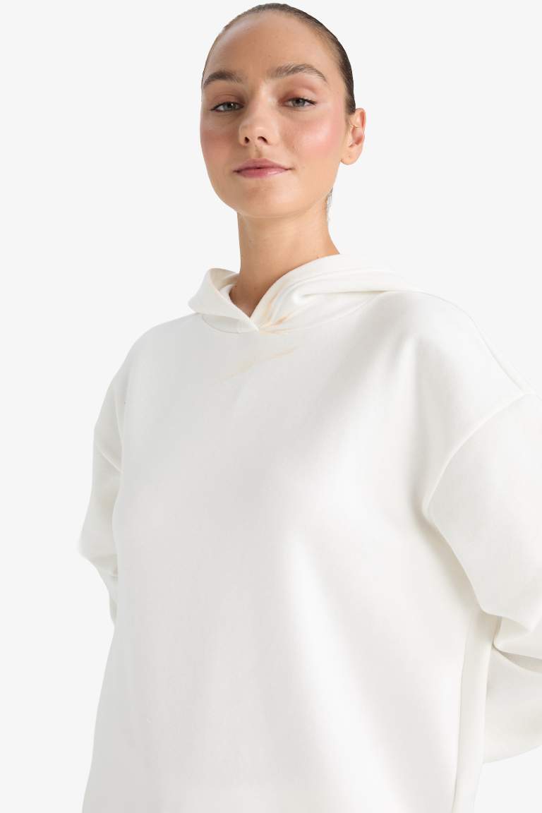 Relax Fit Kapüşonlu Basic Düz Kalın Sweatshirt