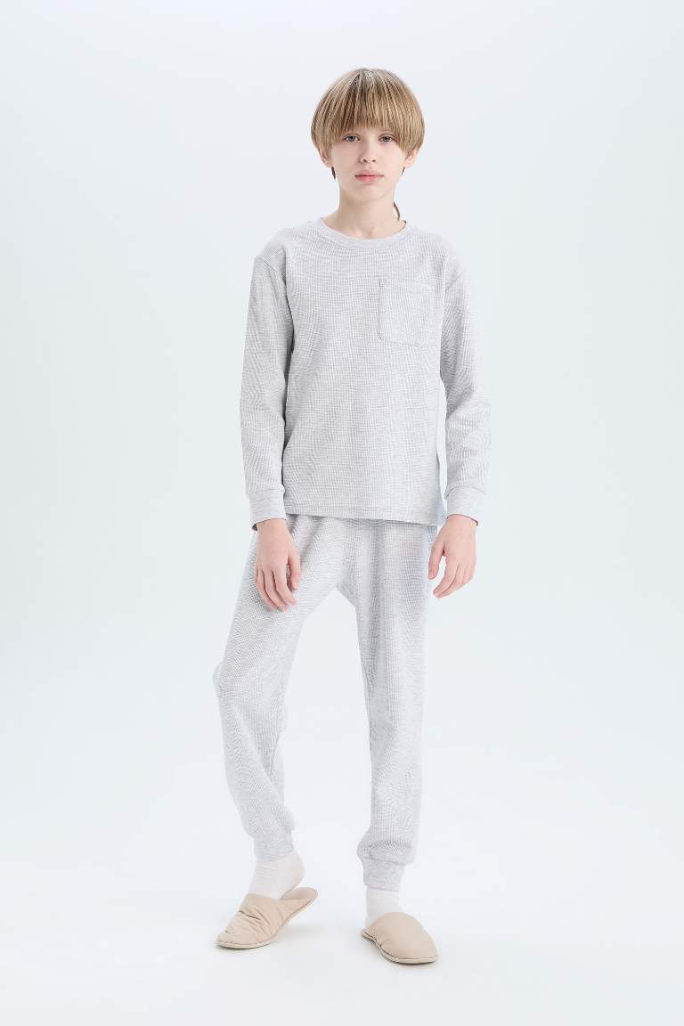 Boy Waffle Crew Neck Top Bottom 2 Piece Pajama Set