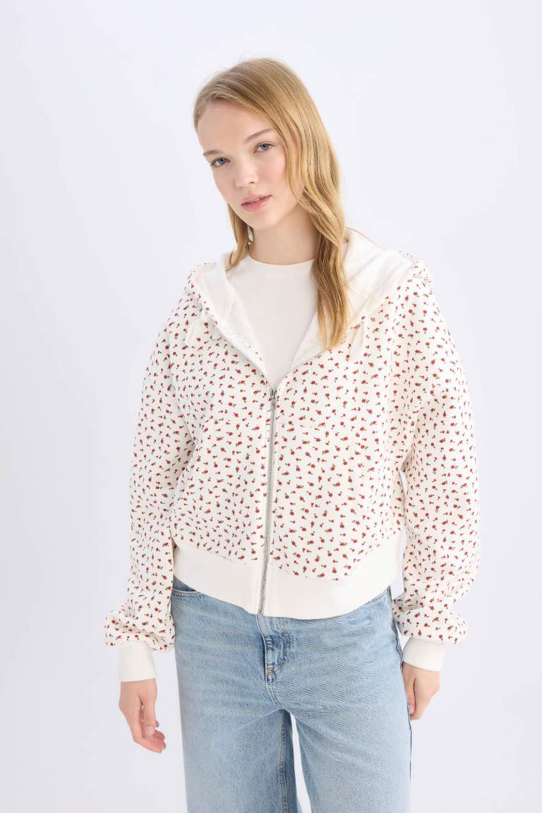 Loose Fit Patterned Thick Zippered Sweatshirt