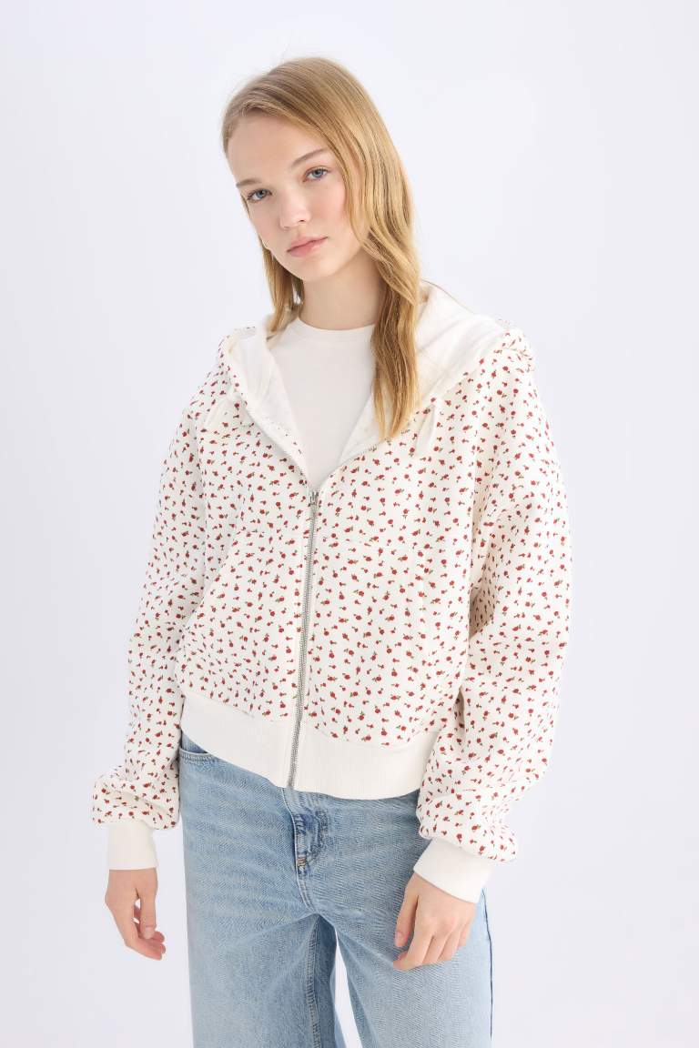 Loose Fit Patterned Thick Zippered Sweatshirt