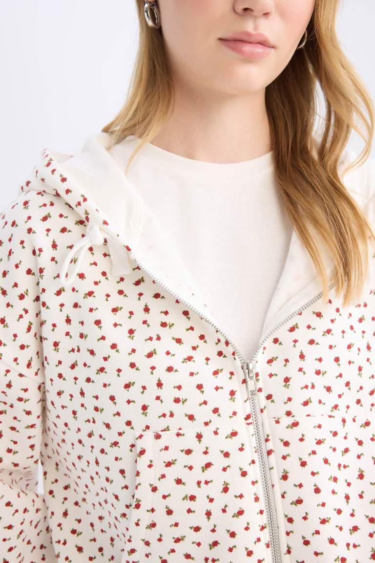 Loose Fit Patterned Thick Zippered Sweatshirt