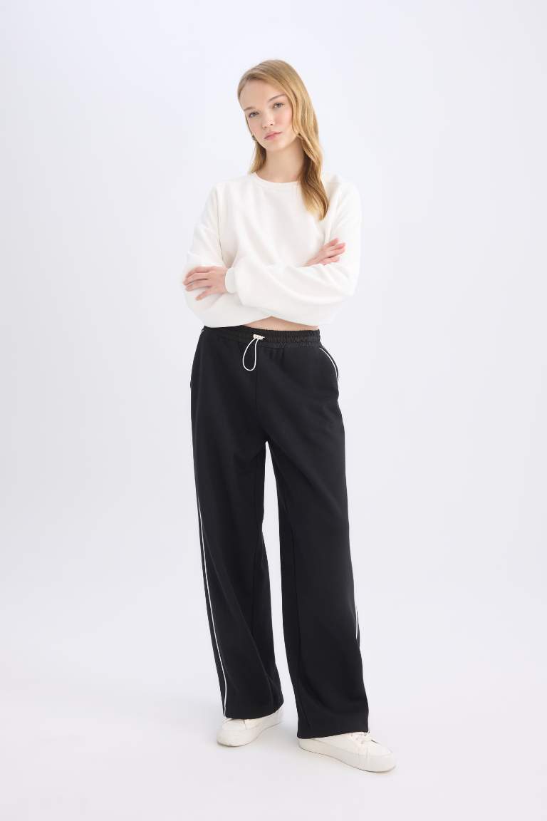 Coool Beli Lastikli Wide Leg Geniş Bol Paça Eşofman Altı Beli Ayarlanabilir Lastikli Yan Şeritli