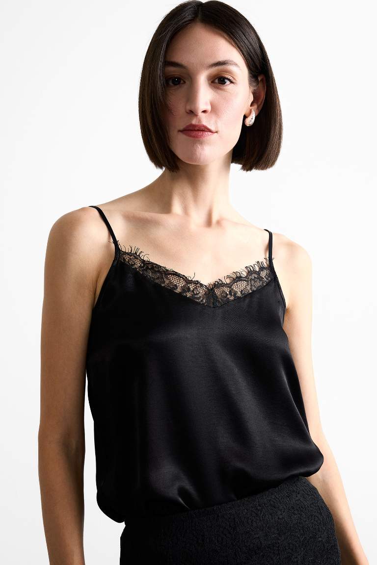 New Year's Themed Basic V Neck Satin Suspender Blouse