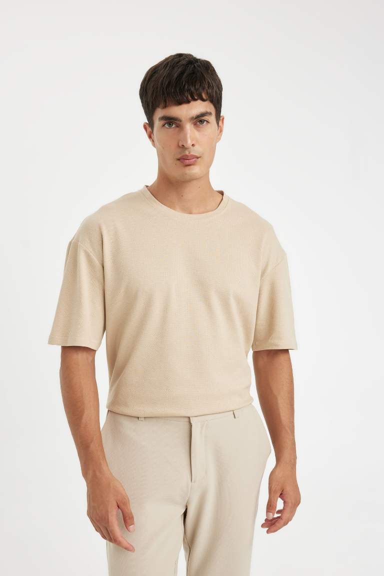 Beige Boxy Fit Crew Neck Waffle Fabric Cotton Basic T-Shirt