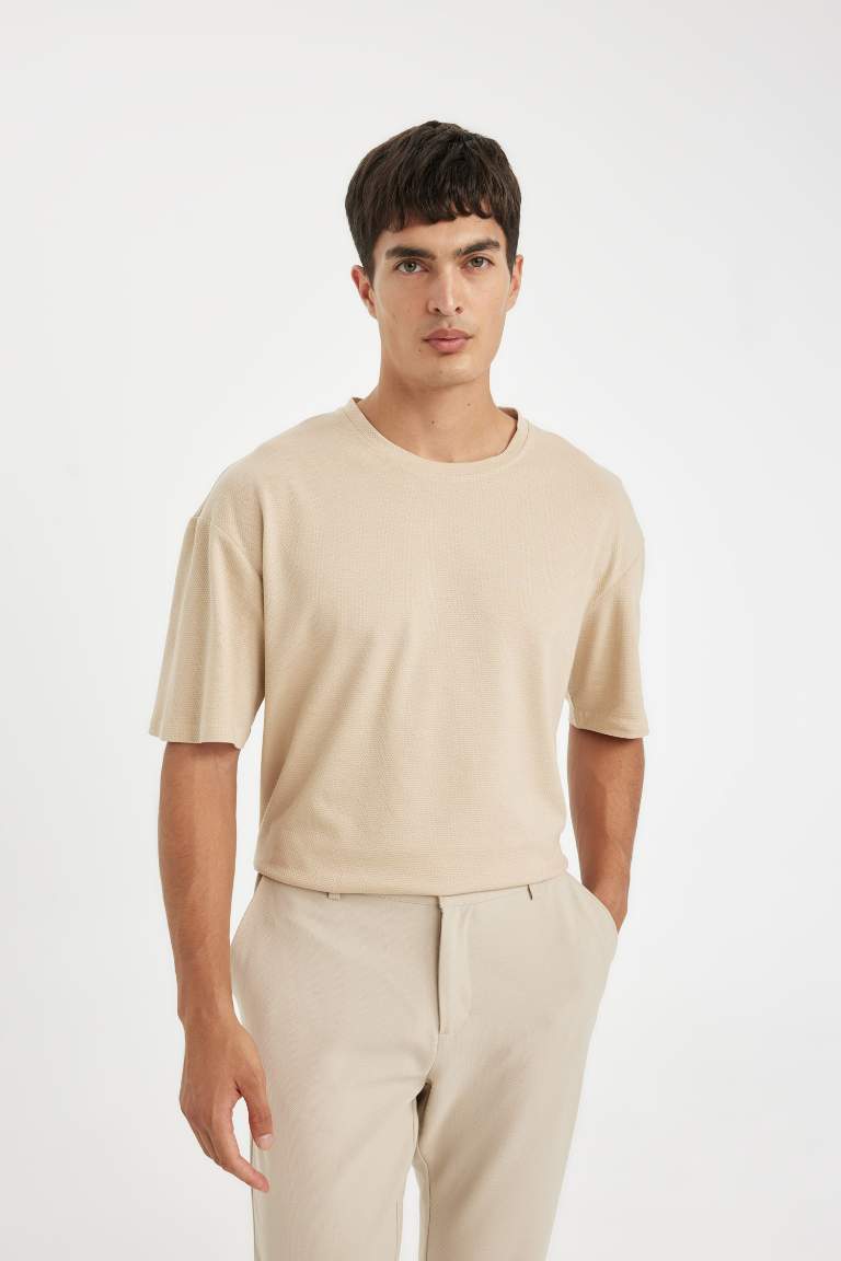 Beige Boxy Fit Crew Neck Waffle Fabric Cotton Basic T-Shirt